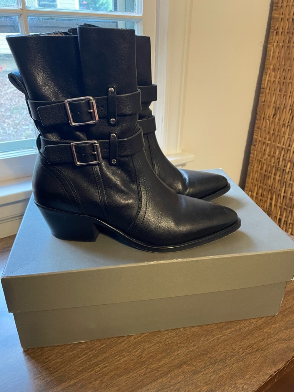 AllSaints Black Leather Buckle Strap Ankle Boots